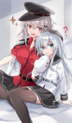 Rule 34 | 2girls, absurdres, black gloves, black legwear, black skirt, blue eyes, facial scar, fathom, flat cap, gangut (kancolle), gangut dva (kancolle), gloves, grey hair, hammer and sickle, hand on another&#039;s head, hat, height difference, hibiki (kancolle), highres, holding, holding clothes, holding hat, jacket, kantai collection, long hair, long sleeves, miniskirt, multiple girls, pantyhose, peaked cap, pleated skirt, red eyes, red shirt, scar, scar on cheek, scar on face, shirt, sitting, skirt, thighhighs, unworn hat, unworn headwear, verniy (kancolle), white headwear, white jacket