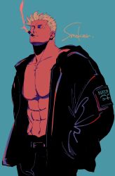 Rule 34 | 1boy, abs, alternate costume, bara, belt, black jacket, black pants, blue background, character name, cigar, collarbone, facial hair, hands in pocket, highres, jacket, kabane (rjev8385), limited palette, looking at viewer, male focus, mature male, muscular, muscular male, no shirt, one piece, open clothes, open jacket, orange eyes, pants, pectorals, short hair, smoker (one piece), smoking, stubble, white hair