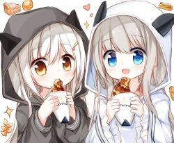 Rule 34 | 2girls, :d, blue eyes, blush, brown eyes, closed mouth, commentary request, eating, food, grey hair, grey robe, hair between eyes, heart, holding, holding food, hood, hood up, hooded robe, long hair, long sleeves, multiple girls, open mouth, original, puffy long sleeves, puffy sleeves, robe, rope, simple background, sleeves past wrists, smile, sparkle, upper body, white background, white hair, white rope, wide sleeves, yuuhagi (amaretto-no-natsu)