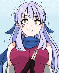 Rule 34 | 1girl, bare shoulders, black gloves, blue background, blue scarf, blush, closed mouth, dress, elbow gloves, fingerless gloves, fire emblem, fire emblem: radiant dawn, gloves, grey hair, half updo, highres, long hair, micaiah (fire emblem), nintendo, own hands clasped, own hands together, portrait, scarf, sleeveless, sleeveless dress, smile, solo, star (symbol), tavi (hosheezus), upper body, yellow eyes