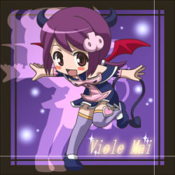 Rule 34 | 1girl, awa, bare shoulders, bat wings, battle spirits, blush, demon girl, full body, hair ornament, horns, leg lift, long hair, looking at viewer, lowres, open mouth, outstretched arms, purple hair, red eyes, shoes, signature, smile, spread arms, standing, standing on one leg, tail, thighhighs, viole mai, wings