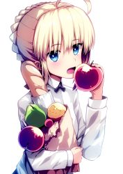 Rule 34 | 1girl, absurdres, ahoge, apple, artoria pendragon (all), artoria pendragon (fate), bag, baguette, black neckwear, blonde hair, blue eyes, blush, braid, bread, breasts, commentary request, fate/stay night, fate (series), food, fruit, highres, holding, holding bag, holding food, holding fruit, long sleeves, looking at viewer, open mouth, peach, red apple, ribbon, saber (fate), shirt, short hair, simple background, small breasts, solo, tranquillianusmajor, upper body, white background, white shirt