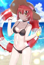 Rule 34 | 1girl, absurdres, beach, bikini, black bikini, blue sky, breasts, candy, choker, cleavage, cloud, collarbone, cowboy shot, day, food, freedom up, girls&#039; frontline, hair ornament, hat, highres, innertube, lollipop, looking at viewer, medium breasts, mouth hold, mp7 (girls&#039; frontline), mp7 (lollipop ammo) (girls&#039; frontline), navel, outdoors, red hair, short hair, sky, solo, standing, sun hat, swim ring, swimsuit, yellow eyes
