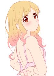 Rule 34 | 1girl, absurdres, aikatsu!, aikatsu! (series), arms behind back, blonde hair, blush, bra, breasts, closed mouth, dot mouth, dot nose, from side, gradient hair, hair over shoulder, highres, looking at viewer, looking to the side, multicolored hair, nijino yume, pink bra, pink hair, polka dot, polka dot bra, red eyes, sekina, simple background, small breasts, solo, tying bra, underwear, upper body, white background