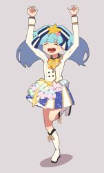 Rule 34 | 10s, 1girl, :d, arms up, blue hair, closed eyes, female focus, full body, hair ornament, hoshikawa lily, idol, nakkasu, open mouth, simple background, smile, solo, star (symbol), star hair ornament, twintails, zombie land saga