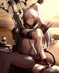 Rule 34 | 1girl, absurdres, animal, animal ear fluff, animal ears, arknights, arrow (projectile), backlighting, bird, black gloves, black shirt, black shorts, bow (weapon), breasts, cat ears, cat girl, cat tail, cleavage, commentary, covered erect nipples, crop top, crossbow, eyes visible through hair, feet out of frame, finger on trigger, fingerless gloves, gloves, hair over one eye, hand up, highres, holding, holding bow (weapon), holding crossbow, holding weapon, jacket, large breasts, long hair, micro shorts, midriff, navel, open clothes, open jacket, outdoors, quiver, scarf, schwarz (arknights), see-through, see-through jacket, shirt, shorts, silver hair, sitting, sleeveless, sleeveless shirt, solo, stomach, strap, sunlight, sunset, tail, thigh strap, thighs, transparent jacket, v-shaped eyebrows, verena, weapon, yellow eyes