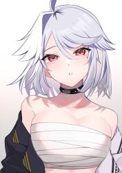 Rule 34 | 1girl, ahoge, alternate eye color, alternate hair color, bandages, bare shoulders, black choker, breasts, chest sarashi, choker, cleavage, commentary request, gradient background, grey background, hair between eyes, head tilt, highres, indie virtual youtuber, isuka, kson, large breasts, looking at viewer, off shoulder, parted lips, red eyes, sarashi, short hair, solo, strapless, tube top, upper body, virtual youtuber, white background, white hair