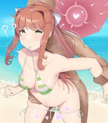 Rule 34 | 1boy, 1girl, ?, arm grab, artist name, beach, bikini, bikini pull, blush, bow, breasts, brown hair, cleavage, clothes pull, collarbone, cum, cum in pussy, cum on body, cum on clothes, cum on legs, cum on lower body, cum overflow, dark-skinned male, dark skin, doki doki literature club, fertilization, from behind, green eyes, green nails, hair bow, heart, heart-shaped pupils, hetero, highres, impregnation, long hair, medium breasts, monika (doki doki literature club), motion lines, nail polish, natetheknife, navel, ocean, outdoors, ovum, panties, panty pull, partially undressed, sex, sex from behind, side-tie bikini bottom, sidelocks, sky, sperm cell, standing, standing sex, swimsuit, symbol-shaped pupils, thighs, twitter username, underwear, vaginal, waves