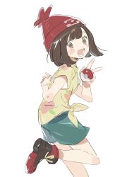 Rule 34 | 1girl, beanie, black hair, creatures (company), from side, game freak, green shorts, hat, holding, holding poke ball, iovebly, leg up, looking to the side, nintendo, open mouth, poke ball, pokemon, pokemon sm, red hat, selene (pokemon), shirt, short hair, short sleeves, shorts, simple background, solo, tied shirt, white background