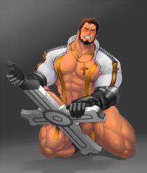 Rule 34 | 1boy, bara, blush, brown hair, clenched teeth, cum, dungeon and fighter, erection, highres, kneeling, male focus, male priest (dungeon and fighter), muscular, penis, solo, teeth, yuatari
