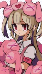 Rule 34 | 1girl, :&lt;, apron, bandaged wrist, bandages, brown hair, center frills, closed mouth, collared shirt, frills, frown, furrowed brow, hair ornament, hat, highres, holding, holding stuffed toy, jitome, long hair, looking at viewer, natori sana, nurse cap, pink apron, polka dot, polka dot background, puffy short sleeves, puffy sleeves, rabbit hair ornament, red eyes, sana channel, shirt, short sleeves, solo, standing, stuffed animal, stuffed rabbit, stuffed toy, sweater, taoru (towtowru), two side up, upper body, virtual youtuber, white background, white shirt