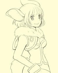 Rule 34 | 1girl, animal ears, animal hands, bad id, bad pixiv id, breasts, chrono cross, cleavage, cleavage cutout, clothing cutout, commentary request, fur, janice, looking at viewer, mizushima (kazami4), monochrome, monster girl, rabbit ears, short hair, shorts, solo, tail, yellow theme