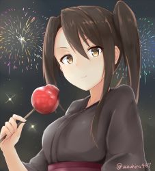 Rule 34 | 10s, 1girl, azuhira, black hair, brown eyes, candy apple, fireworks, food, japanese clothes, kantai collection, kimono, long hair, looking at viewer, nachi (kancolle), side ponytail, smile, solo, twitter username