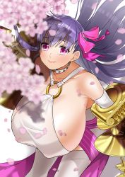 Rule 34 | 1girl, absurdres, ahoge, bare shoulders, belt collar, breasts, cherry blossoms, closed mouth, collar, collarbone, elbow gloves, fate/extra, fate/extra ccc, fate/grand order, fate (series), gauntlets, gigantic breasts, gloves, hair ribbon, halterneck, hanging breasts, highres, kujou (akn2 0928), leaning forward, long hair, looking at viewer, o-ring, o-ring top, passionlip (fate), pink eyes, pink ribbon, purple hair, revealing clothes, ribbon, sideboob, simple background, smile, solo, standing, thighhighs, very long hair, white background, white gloves, white neckwear, white thighhighs