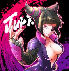 Rule 34 | 1girl, alternate costume, bad id, bad pixiv id, black hair, bodysuit, breasts, capcom, center opening, character name, cleavage, drill hair, eyepatch, fingerless gloves, fingernails, gloves, han juri, high collar, large breasts, long fingernails, marimo (yousei ranbu), no bra, purple bodysuit, purple eyes, short twintails, shoulder pads, solo, standing, street fighter, street fighter v, twin drills, twintails