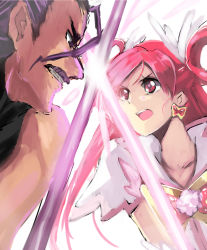 Rule 34 | 00s, 1boy, 1girl, bad id, bad pixiv id, battle, bow, bug, butterfly, cure dream, determined, earrings, energy sword, facial hair, hair ornament, hair rings, hair slicked back, insect, jewelry, mushibaan, mustache, nanahoshi kou, pink eyes, pink hair, pom pom (clothes), precure, shining dream, spoilers, sword, weapon, yes! precure 5, yes! precure 5 gogo!, yumehara nozomi