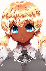 Rule 34 | 10s, 1girl, alternate color, blonde hair, blue eyes, breasts, creatures (company), dark-skinned female, dark skin, earrings, face, game freak, jewelry, long hair, looking at viewer, nintendo, pokemon, pokemon xy, serena (pokemon), simple background, smile, solo, tokyo (great akuta), twintails, white background