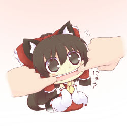 Rule 34 | 1girl, animal ears, benauxi, blush, bow, brown eyes, brown hair, cat ears, cat girl, cat tail, chibi, detached sleeves, dress, fangs, female focus, finger in another&#039;s mouth, finger in own mouth, fingersmile, forced smile, hakurei reimu, hazuki ruu, japanese clothes, kemonomimi mode, large bow, miko, mini person, minigirl, mouth pull, open mouth, red dress, solo, tail, touhou