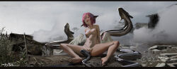 Rule 34 | 1girl, animal, animal ears, bird ears, bird wings, breasts, building, closed eyes, completely nude, diao (nrays), eel, feathered wings, fish, highres, medium breasts, mystia lorelei, navel, nipples, nude, open mouth, outdoors, pink hair, pussy, rock, short hair, signature, solo, touhou, white wings, wings