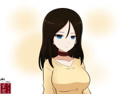 Rule 34 | 1girl, absurdres, aikazilla, artist logo, artist name, black hair, blue eyes, choker, closed mouth, commentary, derivative work, english commentary, expressionless, girls und panzer, highres, light frown, long hair, long sleeves, looking at viewer, mixed-language commentary, nonna (girls und panzer), red choker, shirt, signature, solo, swept bangs, twitter username, upper body, v-neck, yellow shirt