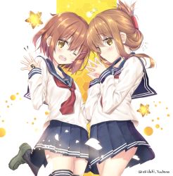 Rule 34 | 2girls, ;d, akitsuki tsukasa, anchor symbol, anniversary, black sailor collar, black skirt, black socks, blush, brown eyes, brown hair, cherry blossoms, commentary request, cowboy shot, folded ponytail, hair ornament, hairclip, ikazuchi (kancolle), inazuma (kancolle), kantai collection, kneehighs, loafers, long hair, looking at viewer, multiple girls, neckerchief, one eye closed, open mouth, petals, pleated skirt, red neckerchief, sailor collar, school uniform, serafuku, shoes, short hair, skirt, smile, socks, star (symbol), starry background, steepled fingers, teeth, thighhighs, twitter username, two-tone background