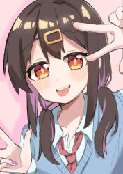 Rule 34 | 1girl, :p, black hair, blue vest, brown eyes, commentary request, double w, fingernails, hair ornament, hair over shoulder, hairclip, hand up, highres, light blush, long fingernails, long hair, looking at viewer, low twintails, multicolored hair, nail polish, necktie, nekomotowata, onii-chan wa oshimai!, oyama mihari, pink background, purple hair, purple nails, red necktie, shirt, simple background, solo, tongue, tongue out, twintails, two-tone hair, upper body, vest, w, white shirt, wing collar