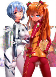 Rule 34 | 2girls, ass, ayanami rei, bad id, bad pixiv id, blue eyes, blue hair, bodysuit, breasts, brown hair, butt crack, hand on leg, hands on own hips, lips, long hair, looking at viewer, medium breasts, multicolored clothes, multiple girls, neon genesis evangelion, plugsuit, rebuild of evangelion, red eyes, short hair, sonsoso, souryuu asuka langley