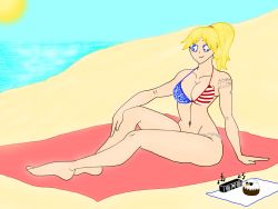 Rule 34 | 1girl, beach, bikini, blonde hair, blue eyes, blush, breasts, cleavage, fang, highres, large breasts, long hair, looking at viewer, mystermysterious, navel, ocean, original, ponytail, radio, simple background, smile, swimsuit, tattoo, united states