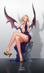 Rule 34 | 1girl, bad id, bad twitter id, bare shoulders, blonde hair, breasts, chain, character name, cleavage, copyright name, demon girl, demon wings, dress, feet, full body, gem, hades (herowarz), hair over one eye, hand on own neck, herowarz, high heels, highres, image sample, jewelry, large breasts, legs, crossed legs, looking at viewer, mulin, necklace, parted lips, purple eyes, reflection, revealing clothes, shadow, shoe dangle, short hair, sitting, skull, solo, thighs, wings