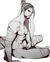 Rule 34 | 1boy, facial hair, goatee, greyscale, hanzo (overwatch), highres, looking at viewer, male focus, monochrome, mustache, nipples, nude, overwatch, overwatch 1, ponytail, scar, simple background, solo, tattoo, white background, won jade