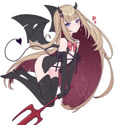 Rule 34 | 1girl, absurdres, amanogawa shiina, black footwear, black gloves, black tail, blonde hair, blush, boots, demon girl, demon horns, demon tail, demon wings, flat chest, gloves, highres, holding, holding pitchfork, horns, looking at viewer, lyrinne, phase connect, pisces (constellation), pitchfork, purple eyes, scissors hair ornament, starry hair, tail, virgo (constellation), virtual youtuber, white background, wings