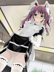 Rule 34 | 1girl, animal ears, apron, blush, clothes lift, dress, dress lift, elbow gloves, embarrassed, garter straps, gloves, green eyes, highres, lace, lace-trimmed legwear, lace trim, long hair, looking away, maid, maid apron, mayo chiki!, okingjo, pink hair, rabbit ears, signature, solo, tears, thighhighs, twintails, usami masamune, white gloves, white thighhighs, zettai ryouiki