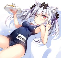 Rule 34 | 1girl, ;), animal ears, azur lane, blonde hair, blue one-piece swimsuit, blush, breasts, cat ears, commentary request, cookie, cup, dutch angle, fang, fang out, food, fujima takuya, hair between eyes, hair ribbon, long hair, looking at viewer, medium breasts, one-piece swimsuit, one eye closed, ribbon, school swimsuit, silver hair, smile, solo, sparkle, swimsuit, teacup, tray, twintails, v, yukikaze (azur lane)