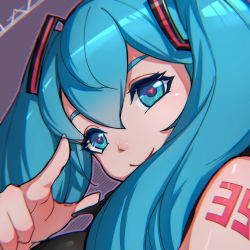 Rule 34 | 1girl, absurdly long hair, absurdres, aqua eyes, aqua hair, artist name, artist request, blue eyes, blue hair, blush, female focus, hair over shoulder, hatsune miku, heart, heart-shaped pupils, highres, lanyed (949455243), long hair, parted lips, shoulder tattoo, smile, solo, symbol-shaped pupils, tattoo, twintails, very long hair, vocaloid