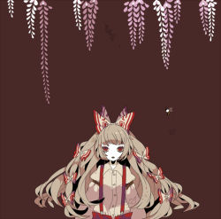 Rule 34 | 1girl, album cover, arm garter, artist request, bee, bow, buckle, bug, colored skin, cover, female focus, flower, fujiwara no mokou, hair bow, hair ribbon, insect, long hair, monochrome, multiple hair bows, no nose, open mouth, pants, red background, red eyes, red theme, ribbon, shikimi (yurakuru), shirt, silver hair, simple background, solo, suspenders, touhou, white shirt, white skin, wisteria