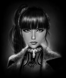 Rule 34 | 1girl, artist name, blunt bangs, bodysuit, commentary, derivative work, english commentary, eve (stellar blade), eyelashes, fur-trimmed jacket, fur trim, greyscale, highres, jacket, krystine art, lips, long hair, looking at viewer, monochrome, photorealistic, planet diving suit (3rd) (stellar blade), ponytail, realistic, screenshot redraw, solo, stellar blade, upper body