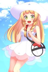 Rule 34 | 1girl, :d, bad id, bad pixiv id, bag, blonde hair, blue sky, blush, braid, cloud, creatures (company), day, dress, game freak, green eyes, hat, highres, lillie (pokemon), long hair, looking at viewer, nintendo, open mouth, outdoors, pokemon, pokemon sm, see-through, short dress, sky, sleeveless, sleeveless dress, smile, solo, standing, sun hat, sundress, twin braids, very long hair, white dress, white hat, yuihico
