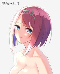 Rule 34 | 1girl, ark royal (kancolle), blue eyes, blush, breasts, cleavage, collarbone, english text, grey background, hairband, kantai collection, lips, looking at viewer, medium breasts, medium hair, naked shirt, purple hair, shirt, solo, toyomi 13