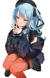 Rule 34 | 1girl, beret, blue hair, choker, closed mouth, earrings, foot out of frame, hair ribbon, hat, highres, hololive, hoshimachi suisei, hoshimachi suisei (streetwear), jewelry, looking at viewer, one side up, orange pantyhose, own hands together, pantyhose, ribbon, simple background, sitting, skirt, smile, solo, thigh strap, uo illust, virtual youtuber, white background