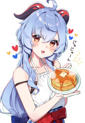 Rule 34 | 1girl, ahoge, alternate costume, bare shoulders, blue hair, breasts, food, ganyu (genshin impact), genshin impact, harupipipi4, heart, highres, holding, holding plate, horns, long hair, open mouth, overalls, pancake, plate, red eyes, small breasts, solo, white overalls