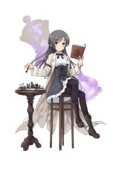Rule 34 | 1girl, black pantyhose, board game, book, boots, braid, brown footwear, chess, chess piece, cross-laced footwear, crown braid, full body, grey hair, highres, holding, holding book, jacket, lace-up boots, long hair, looking at viewer, official art, open book, pantyhose, princess principal, princess principal game of mission, purple eyes, queen (chess), sitting, skirt, solo, sophie mackenzie, stool, transparent background, white skirt