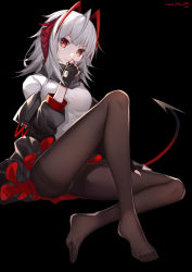 Rule 34 | 1girl, ahoge, aluppia, antennae, arknights, black background, black gloves, black jacket, black pantyhose, black skirt, breasts, chinese commentary, commentary request, feet, fingerless gloves, full body, gloves, grey sweater, head tilt, horns, jacket, knee up, long sleeves, looking at viewer, medium breasts, miniskirt, multicolored hair, no shoes, off shoulder, open clothes, open jacket, panties, panties under pantyhose, pantyhose, parted lips, red eyes, red hair, revision, short hair, signature, silver hair, simple background, skirt, smile, solo, sweater, tail, thighband pantyhose, thighs, underwear, w (arknights), white panties