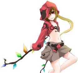 Rule 34 | 1girl, adapted costume, alternate costume, bad id, bad pixiv id, blonde hair, contemporary, dain, female focus, flandre scarlet, flat chest, hood, hooded jacket, hoodie, jacket, midriff, no nose, one-eyed, red eyes, shorts, side ponytail, simple background, solo, touhou, wings