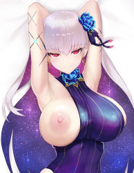 Rule 34 | 1girl, absurdres, armpits, arms behind head, arms up, bare shoulders, blue hair, blue one-piece swimsuit, blush, breast slip, breasts, earrings, fate/grand order, fate (series), flower, hair flower, hair ornament, hair ribbon, highres, jewelry, kama (fate), kama (swimsuit avenger) (fate), kama (swimsuit avenger) (third ascension) (fate), kunabishi, large areolae, large breasts, long hair, looking at viewer, lotus, multicolored hair, nipples, one-piece swimsuit, one breast out, red eyes, ribbon, sideboob, silver hair, smile, solo, star (symbol), star earrings, swimsuit, two-tone hair