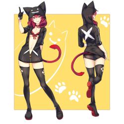 Rule 34 | 1girl, animal ears, animal hood, ass, bad id, bad twitter id, boots, cat ears, cat girl, cat hood, cat tail, collar, front-tie top, highres, hood, hoodie, navel, open clothes, original, paw print, red eyes, red hair, robot cat (robotcatart), short shorts, shorts, solo, tail, thigh boots, thighhighs