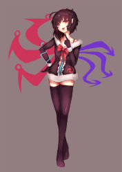 Rule 34 | 1girl, adapted costume, alternate costume, asymmetrical wings, black gloves, black hair, black thighhighs, dress, full body, gloves, grey background, highres, houjuu nue, long sleeves, looking at viewer, neetsr, pointy ears, red eyes, ribbon, short hair, simple background, smile, solo, thighhighs, tongue, tongue out, touhou, wings, zettai ryouiki