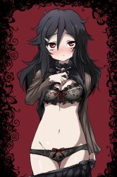 Rule 34 | 1girl, arm at side, black bow, black bra, black hair, black panties, black thighhighs, blush, border, bow, bow bra, bow panties, bra, breasts, brooch, bug, butterfly, closed mouth, clothes lift, clothes pull, cowboy shot, eyebrows, flower, frilled bra, frills, groin, hair between eyes, hair ornament, hairclip, holding, insect, jewelry, kirishima sagiri, lace, lace-trimmed bra, lace panties, lace trim, lifting own clothes, long hair, long sleeves, looking at viewer, navel, pale skin, panties, pleated skirt, red background, red eyes, red ribbon, ribbon, see-through, shirt lift, simple background, skirt, skirt pull, solo, stomach, thigh gap, thighhighs, ukagaka, underwear, yumekaranigeruna
