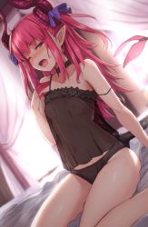 Rule 34 | 1girl, absurdres, arm support, asymmetrical horns, backlighting, black camisole, black panties, blue eyes, blush, breasts, camisole, collarbone, curled horns, curtains, dragon girl, dragon horns, dragon tail, dutch angle, elizabeth bathory (fate), elizabeth bathory (fate/extra ccc), fate/extra, fate/extra ccc, fate/grand order, fate (series), half-closed eye, highres, horns, indoors, looking at viewer, maru (maru1625), navel, nipples, on bed, one eye closed, open mouth, panties, pink hair, pointy ears, see-through, sitting, small breasts, solo, strap slip, tail, two side up, underwear, underwear only, uneven horns, wariza