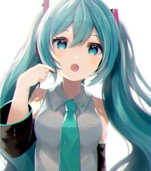 Rule 34 | 1girl, blue eyes, blue hair, blush, collared shirt, commentary request, detached sleeves, hair ornament, hand up, hatsune miku, headphones, headset, long hair, long sleeves, looking at viewer, necktie, open mouth, shirt, sleeveless, sleeveless shirt, solo, suiren nei, twintails, upper body, vocaloid