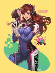 Rule 34 | 1girl, animal print, arm cannon, armor, bodysuit, breasts, brown eyes, brown hair, character name, charm (object), covered navel, cowboy shot, d.va (overwatch), facepaint, facial mark, gatling gun, gep, gloves, gun, handgun, headphones, high collar, highres, holding, holding gun, holding weapon, legs apart, lips, long hair, mecha, medium breasts, overwatch, overwatch 1, parted lips, pauldrons, pilot suit, pink lips, rabbit, rabbit print, robot, shoulder armor, shoulder pads, signature, skin tight, solo, thigh strap, turtleneck, weapon, whisker markings, white gloves